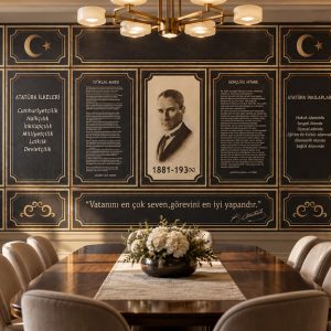 Siyah ve altın sarısı varak çıta çerçeveli zemin üzerinde ortada krem tonlu Atatürk portresi, iki yanında İstiklal Marşı ve Gençliğe Hitabe panoları ile "Vatanını en çok seven, görevini en iyi yapandır" sözünün yer aldığı; masif ahşap toplantı masası ve pirinç avizeli VIP salon duvar kağıdı uygulaması.