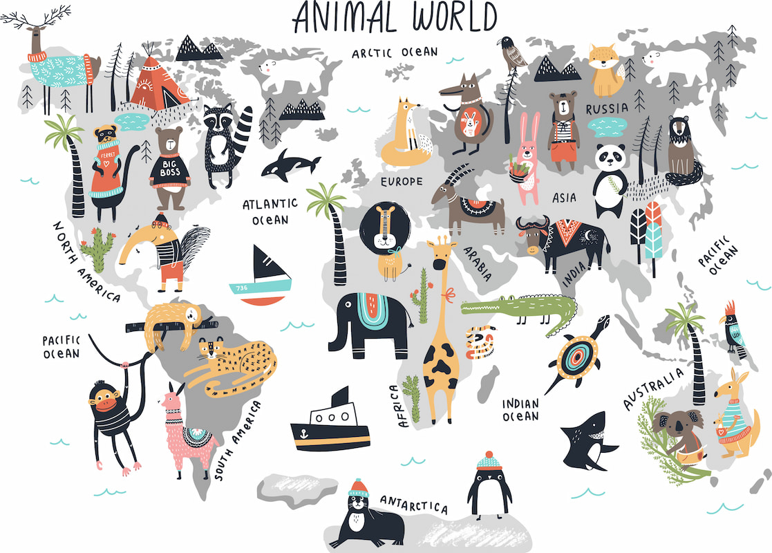 Beyaz fon üzerinde gri kıta silüetleri, dikey "ANIMAL WORLD" başlığı, kıtalara özgü sevimli hayvan karakterleri (zürafa, koala, panda, kutup ayısı, balina), gemi ve okyanus isimlerini gösteren yüksek çözünürlüklü çocuk duvar kağıdı tasarımı.
