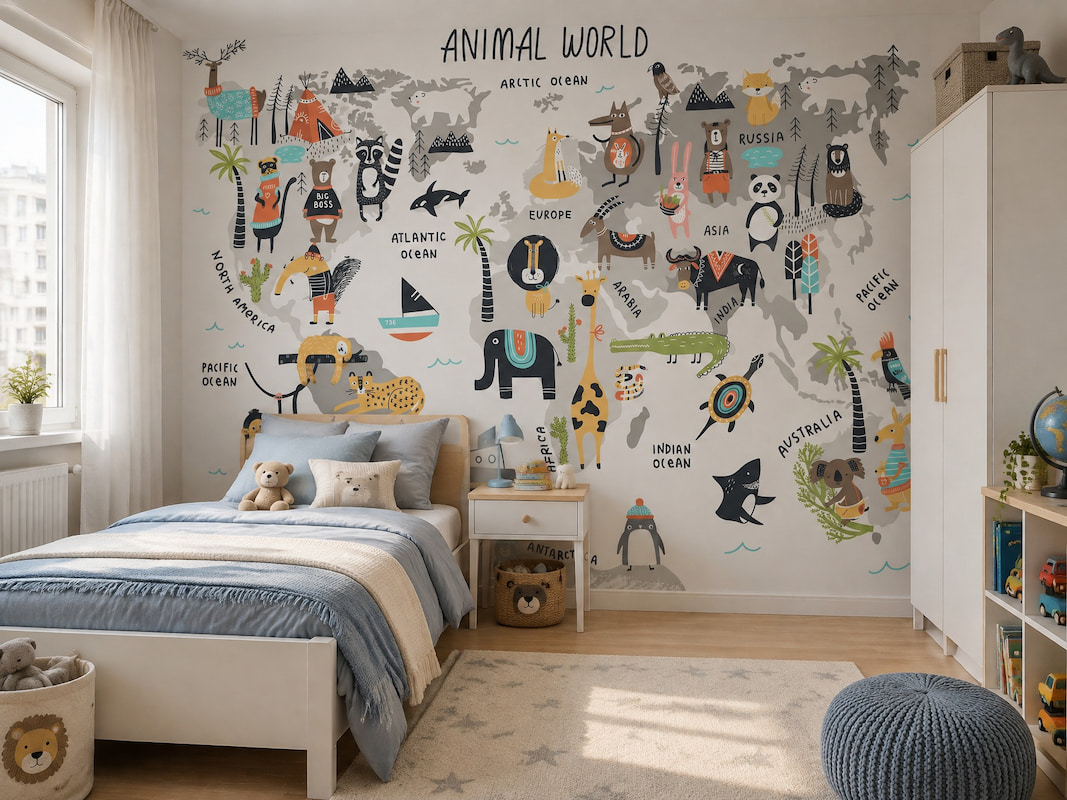 Sevimli hayvan figurleriyle zenginleştirilmiş "Animal World" harita desenli duvar kağıdı önünde yer alan ahşap çocuk yatağı, mavi-gri nevresim takımı, beyaz komodin ve örme puf ile şık çocuk odası görünümü.