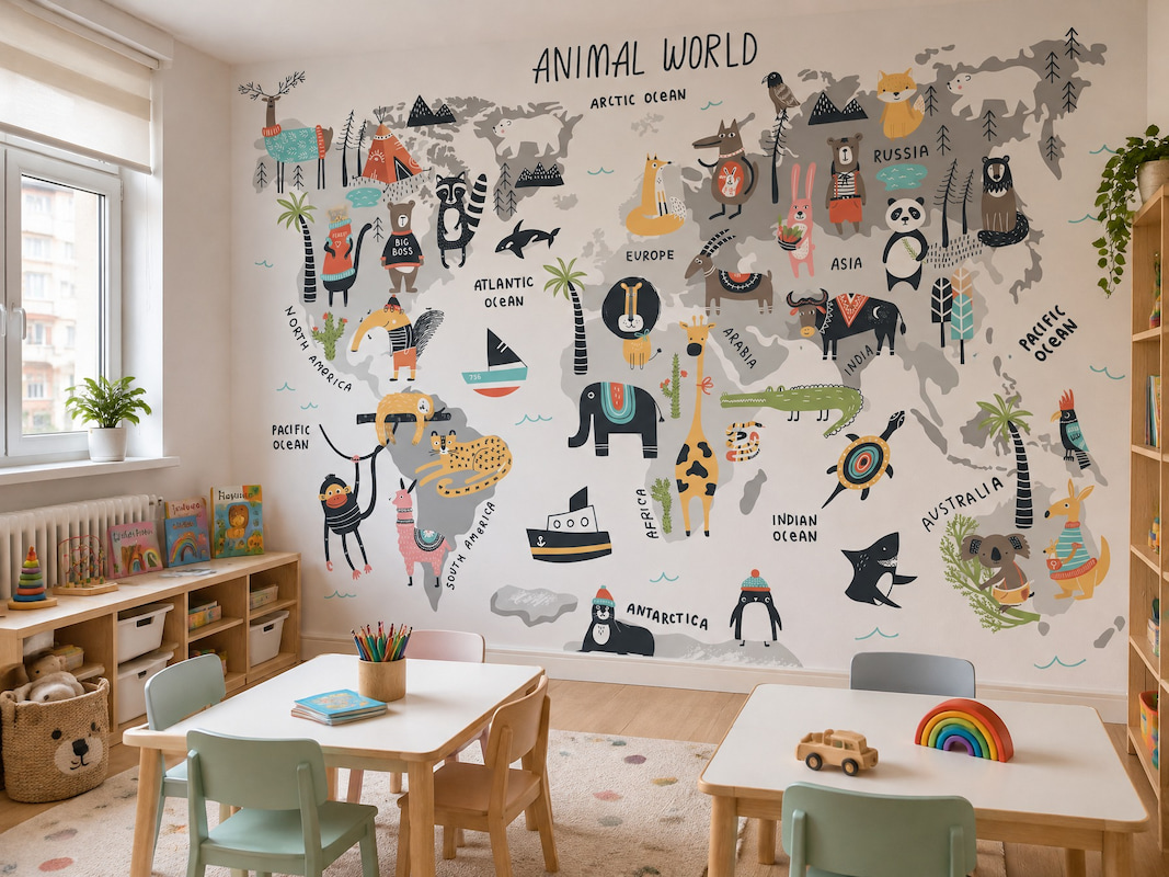 Renkli hayvan figürleri ve okyanus detaylı "Animal World" harita duvar kağıdı önünde konumlandırılmış ahşap çocuk masaları, sandalyeler ve oyuncak raflı kreş sınıf ortamı.