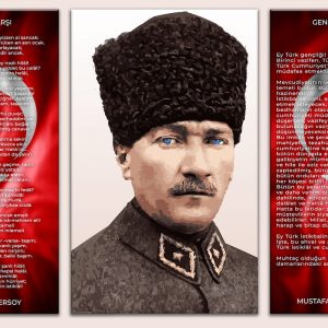 Krem fonda üçlü panel düzeninde; ortada yüksek çözünürlüklü kalpaklı Mustafa Kemal Atatürk portresi, sol panoda kırmızı Türk bayraklı İstiklal Marşı ve sağ panoda Türk bayraklı Gençliğe Hitabe metinlerini içeren duvar kağıdı tasarımı.