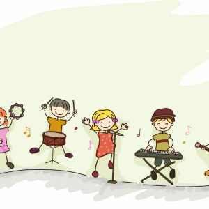 Açık yeşil suluboya fon ve hafif gri zemin üzerinde tef çalan, davul çalan, mikrofonla şarkı söyleyen, klavye ve gitar çalan sevimli çizgi çocuk karakterlerini içeren yüksek çözünürlüklü çocuk duvar kağıdı tasarımı.