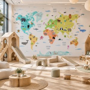Geniş duvar yüzeyine uygulanan renkli kıtalar ve sevimli hayvan illüstrasyonlu dünya haritası duvar kağıdı; ahşap Montessori oyun evleri, kaydırak ve natürel halıyla tasarlanmış ferah bir oyun alanı.