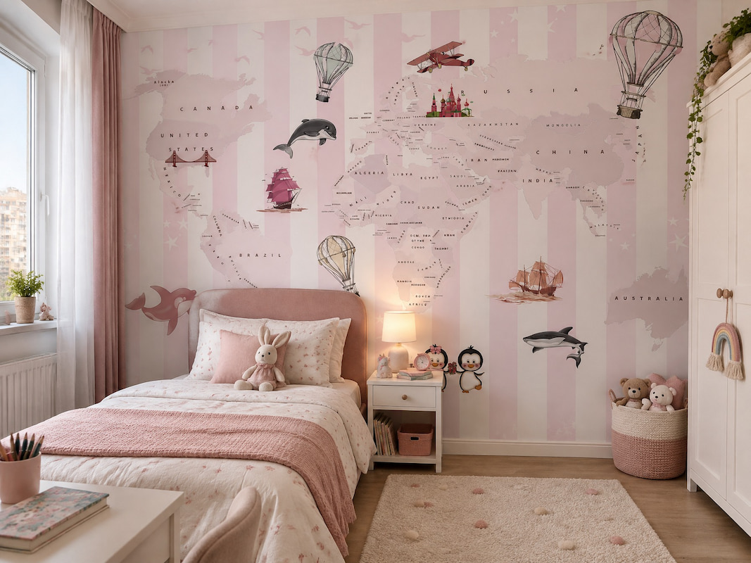 Pastel pembe ve beyaz dikey çizgili fon üzerinde dünya haritası, sıcak hava balonları, uçaklar ve sevimli deniz/kara hayvanları illüstrasyonlu çocuk odası duvar kağıdı; pembe yatak, komodin, abajur ve halıyla zarif bir mekan kurgular.