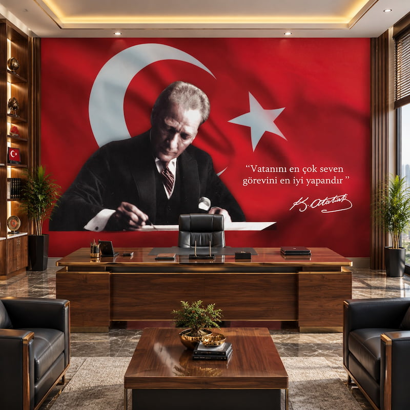 Koyu ahşap makam masası, deri berjerler ve gizli tavan aydınlatmalı VIP kabul salonunda uygulanan, dalgalanan kırmızı bayrak ve Atatürk portreli Atatürk köşesi duvar kağıdı uygulaması.