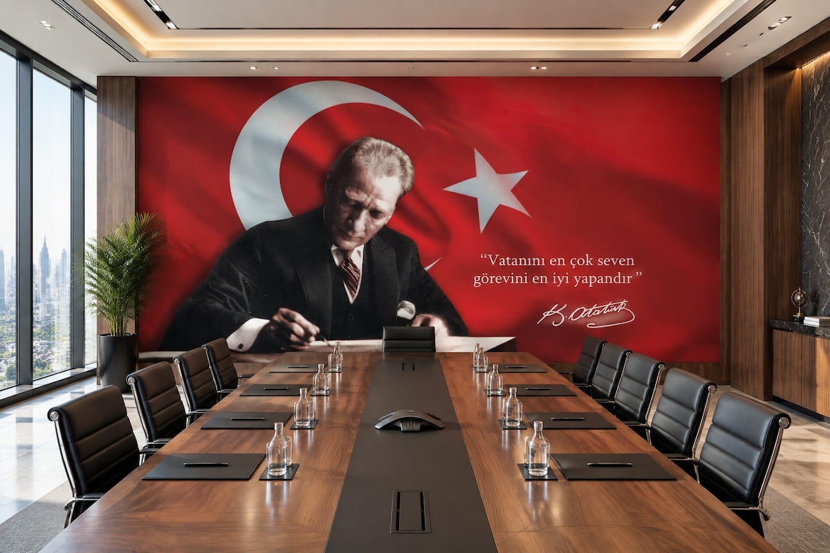 Uzun masif ahşap toplantı masası ve siyah deri koltukların arkasında uygulanan, kırmızı Türk bayrağı ve ay-yıldızlı fon üzerinde Atatürk portresi ile vecizesini içeren kurumsal toplantı salonu duvar kağıdı kaplaması.